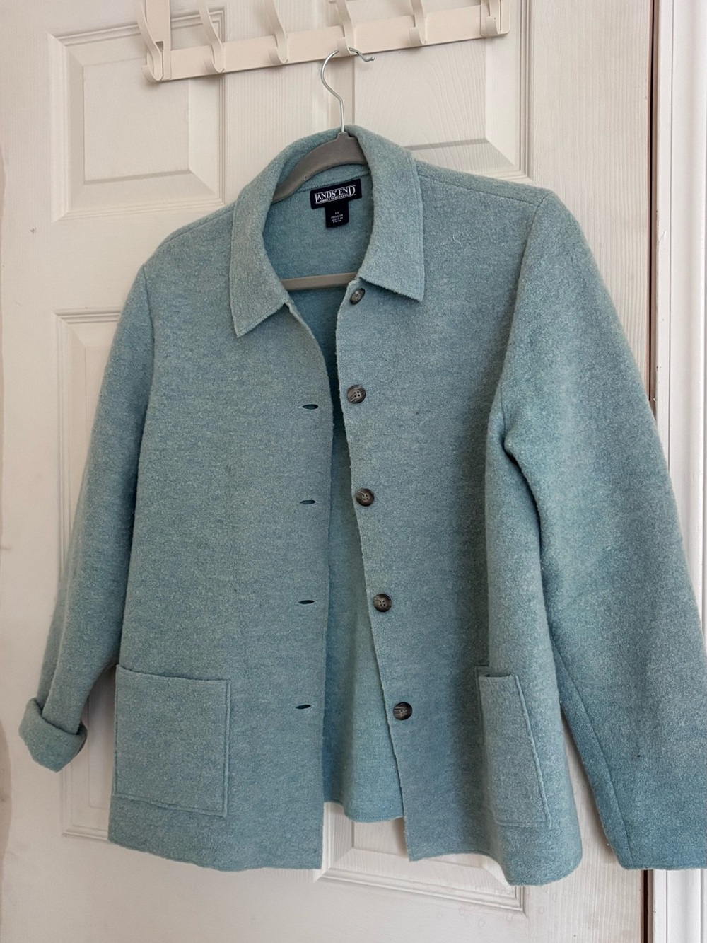 Landβs end womenβs blue 100% wool jacket size 10